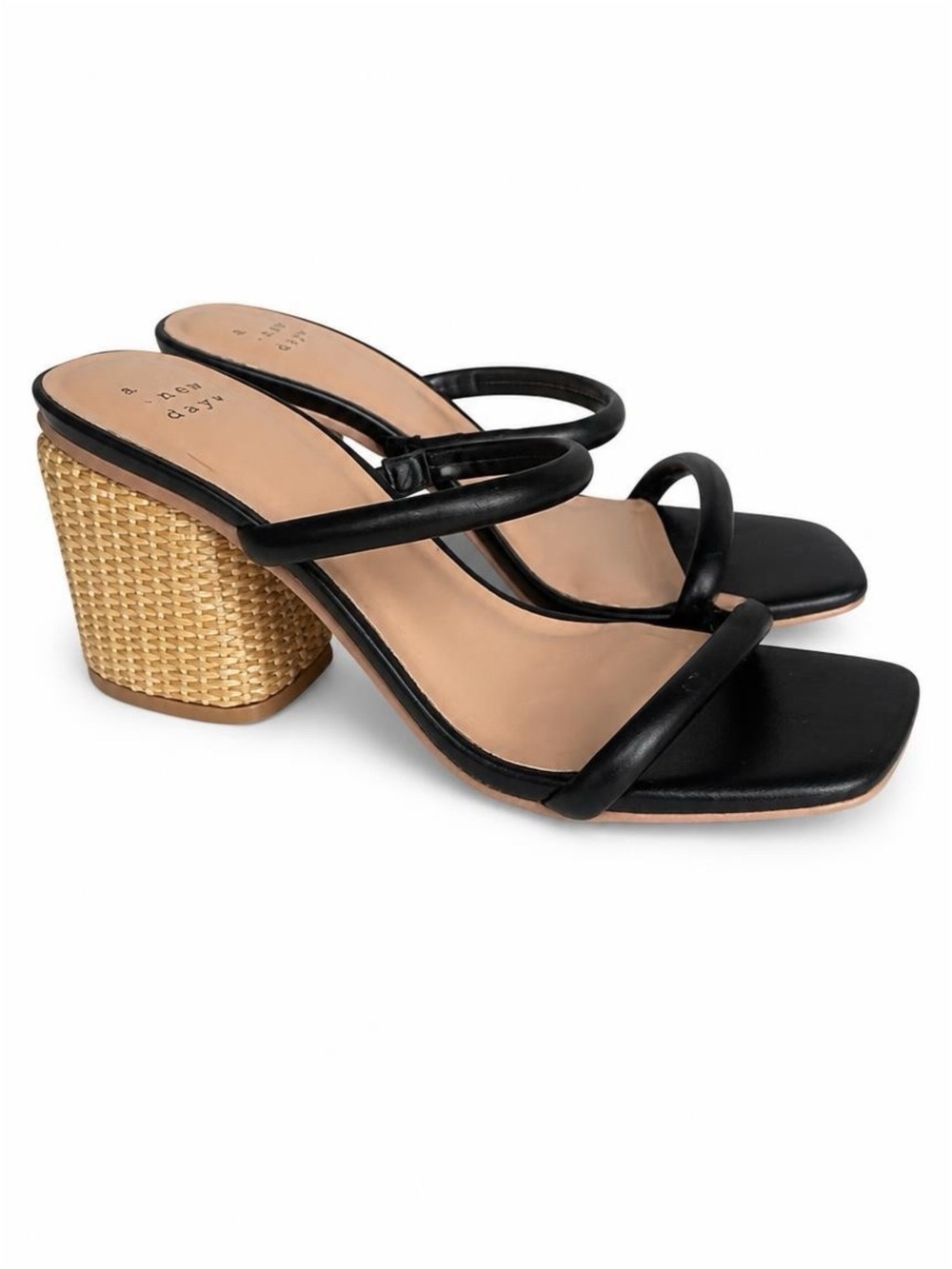 a new day Black Strappy Mule Sandals with Woven Gold Block Heel
